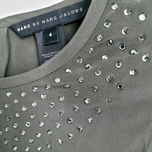 Marc by Marc Jacobs Beluga Olive Green Gray 100% Silk Rhinestone Collar Blouse - Picture 6 of 9